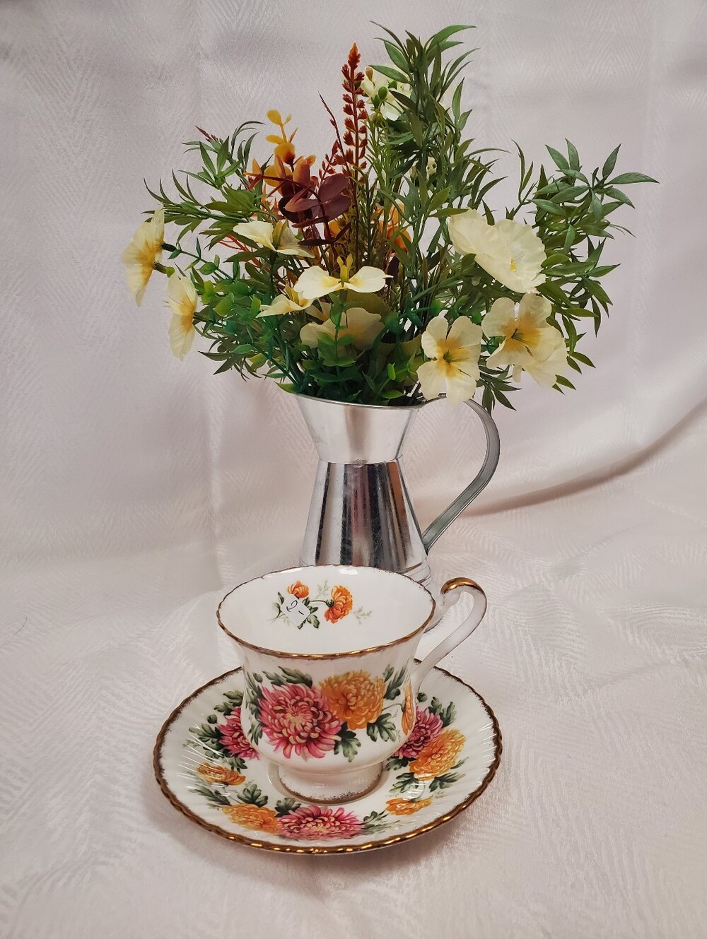Cream and Gold Floral Porcelain Teacup & Saucer Set